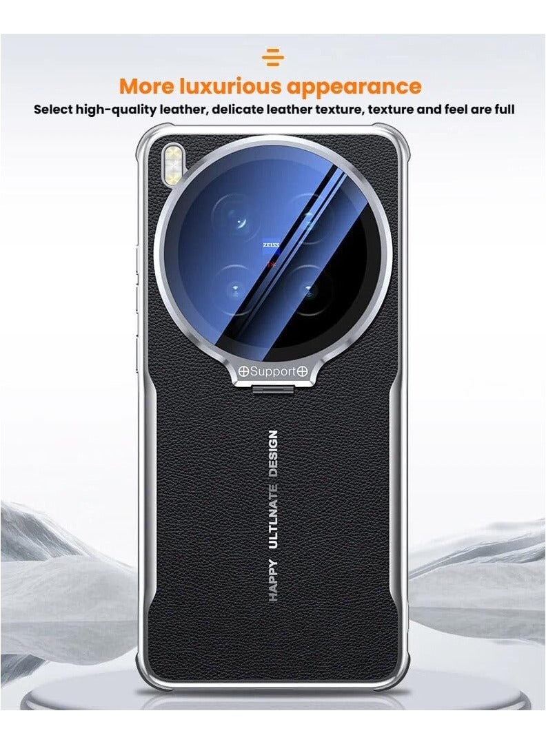 Protective Case Compatible with Vivo X300 Pro Full-Cover Lens Film Camera Case Ultra-Thin Premium Leather Case with Alloy Camera Stand Shockproof Protective Case - Image 5