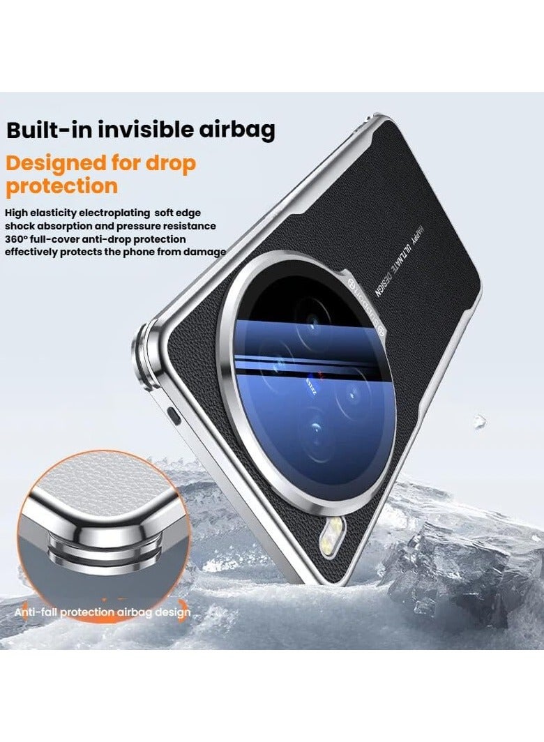 Protective Case Compatible with Vivo X300 Pro Full-Cover Lens Film Camera Case Ultra-Thin Premium Leather Case with Alloy Camera Stand Shockproof Protective Case - Image 2