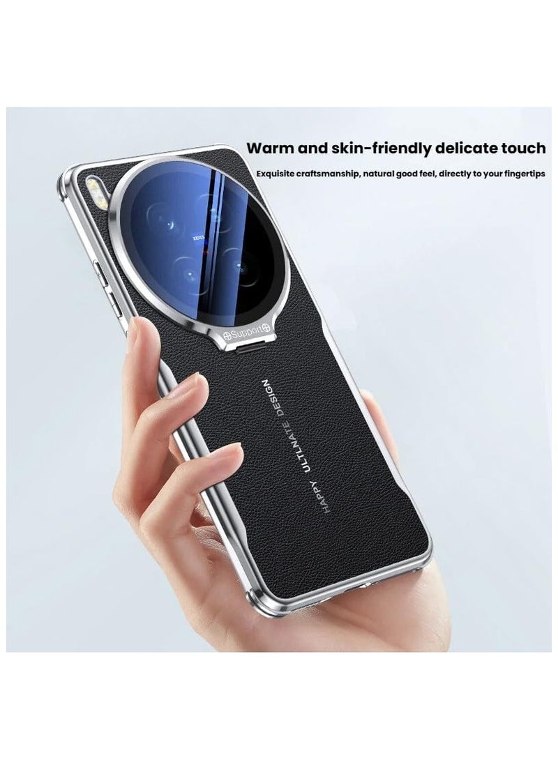 Protective Case Compatible with Vivo X300 Pro Full-Cover Lens Film Camera Case Ultra-Thin Premium Leather Case with Alloy Camera Stand Shockproof Protective Case - Image 3