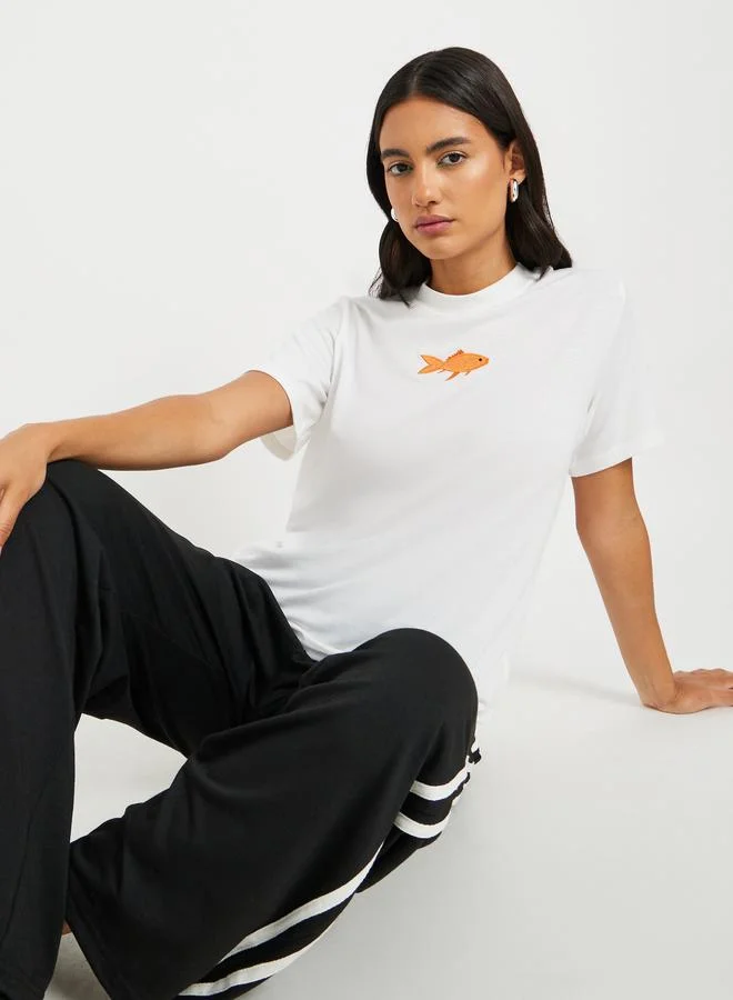 تايك تو Take Two Embroidered Round Neck T-Shirt