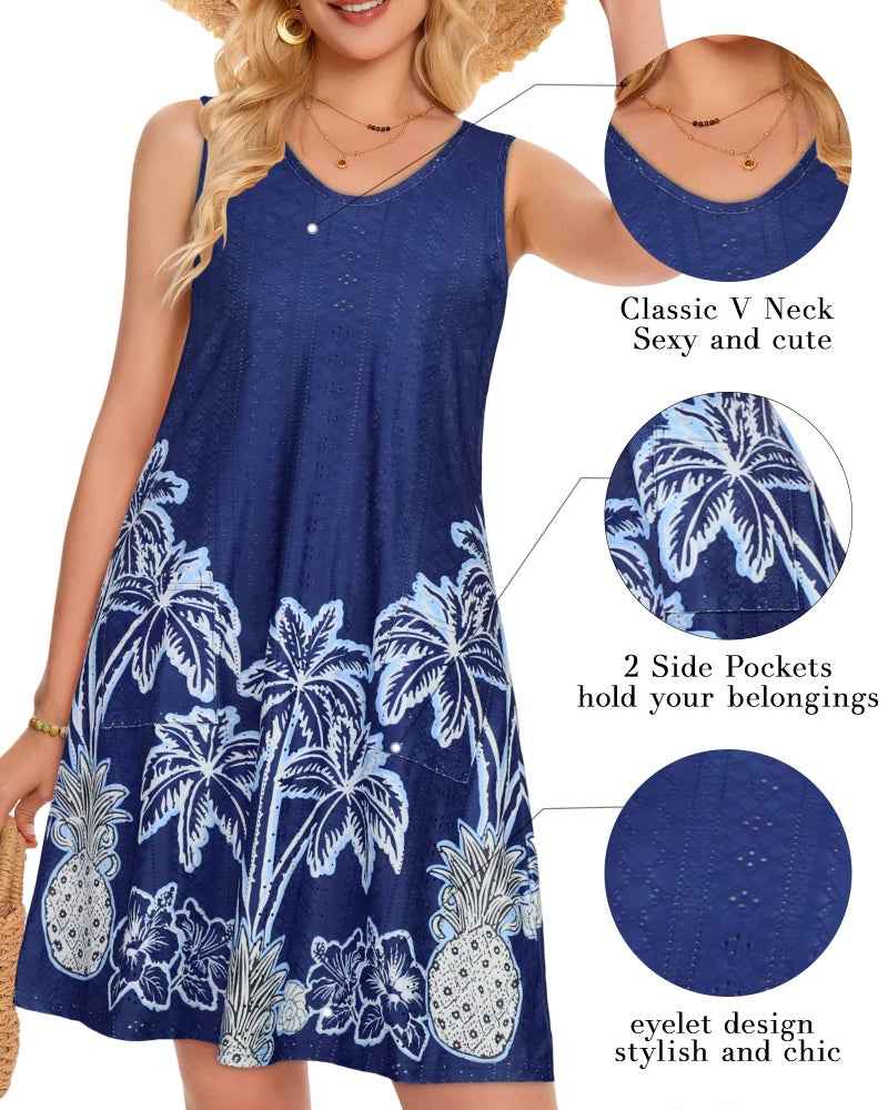 elescat Swimsuit Coverup Summer Dresses for Women Eyelet Casual Loose Sleeveless Sundress with Pockets (Blue Trees, L) - Image 4