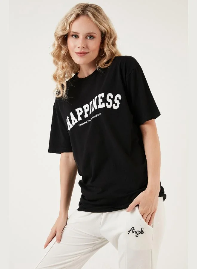 Lela Lela Printed Cotton Oversize Crew Neck T Shirt Women's T SHIRT 541HAPPINESS