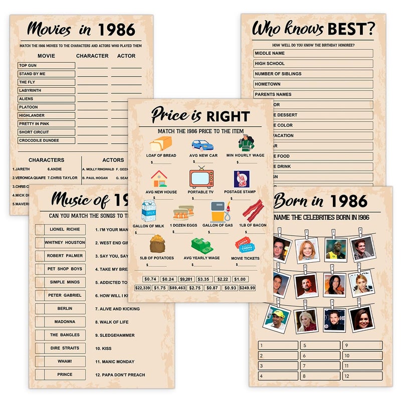QUPT 40th Birthday Party Games Born in 1986 Games Bundle Set of 5 Activities for 10 Guests Birthday Party Supplies for Adults Pack of 50 Cards