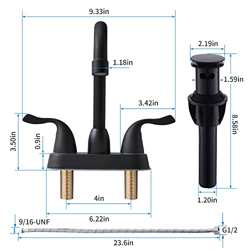 FROPO 2 Handle Black Bathroom Sink Faucet - 4 Inch Centerset Faucet Bathroom 2 or 3 Hole Lavatory Faucet Bathroom Vanity Sink Faucets with Pop-up Drain and Supply Lines Matte Black - Image 3