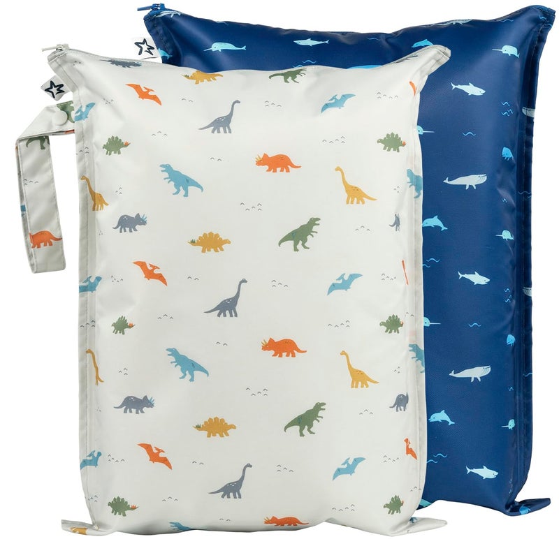 Tiny Twinkle Mess-proof Wet Bags 2 Pack Waterproof and Washable Bag for Travel storage, Stroller, Daycare, Baby Diapers, Yoga, Beach, Pool, Wet Toddler Swimsuits (Dinosaur, Ocean Life) - Image 1