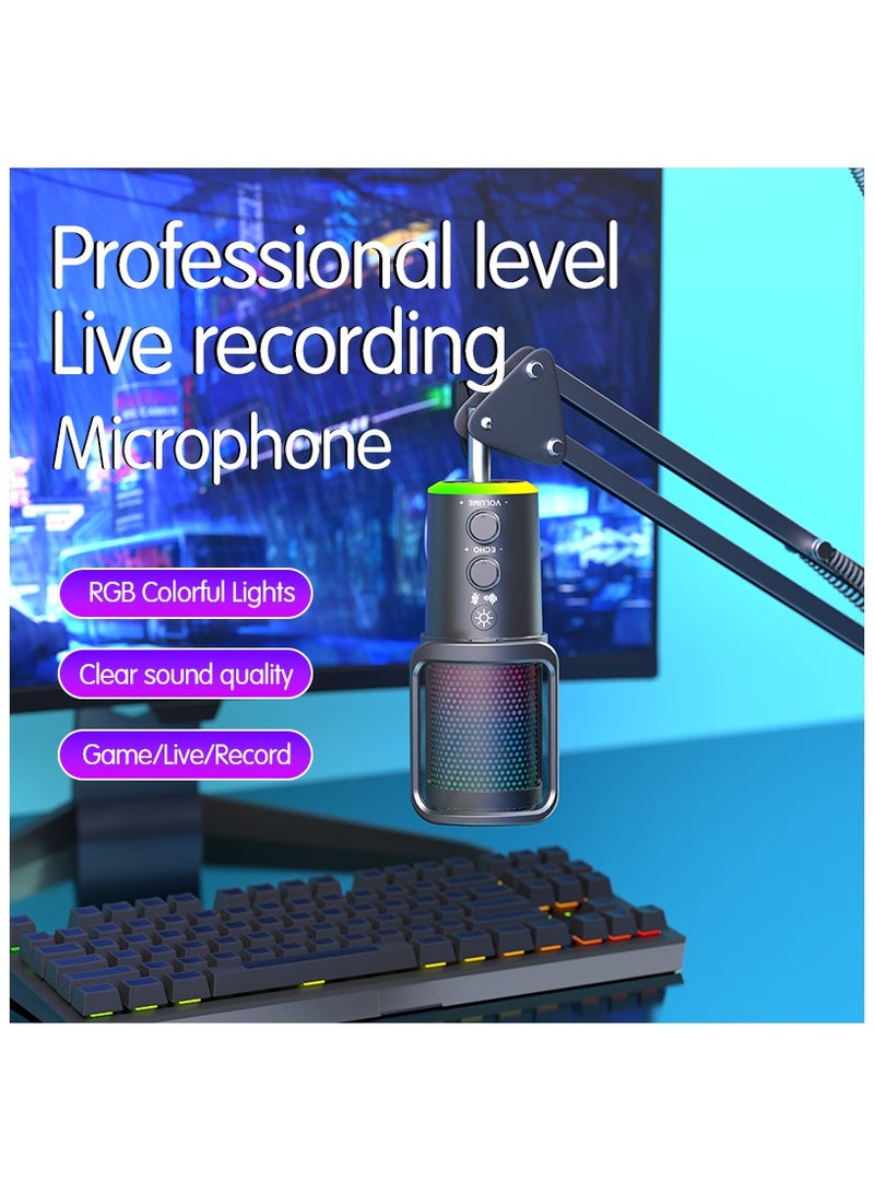 USB Condenser Gaming Microphone With Adjustable Arm Stand for PC, Computer Streaming Mic for Desktop Podcast, Mute Button & Reverb Effect & Noise Canceling Recording Microphone with RGB Light  - Image 4