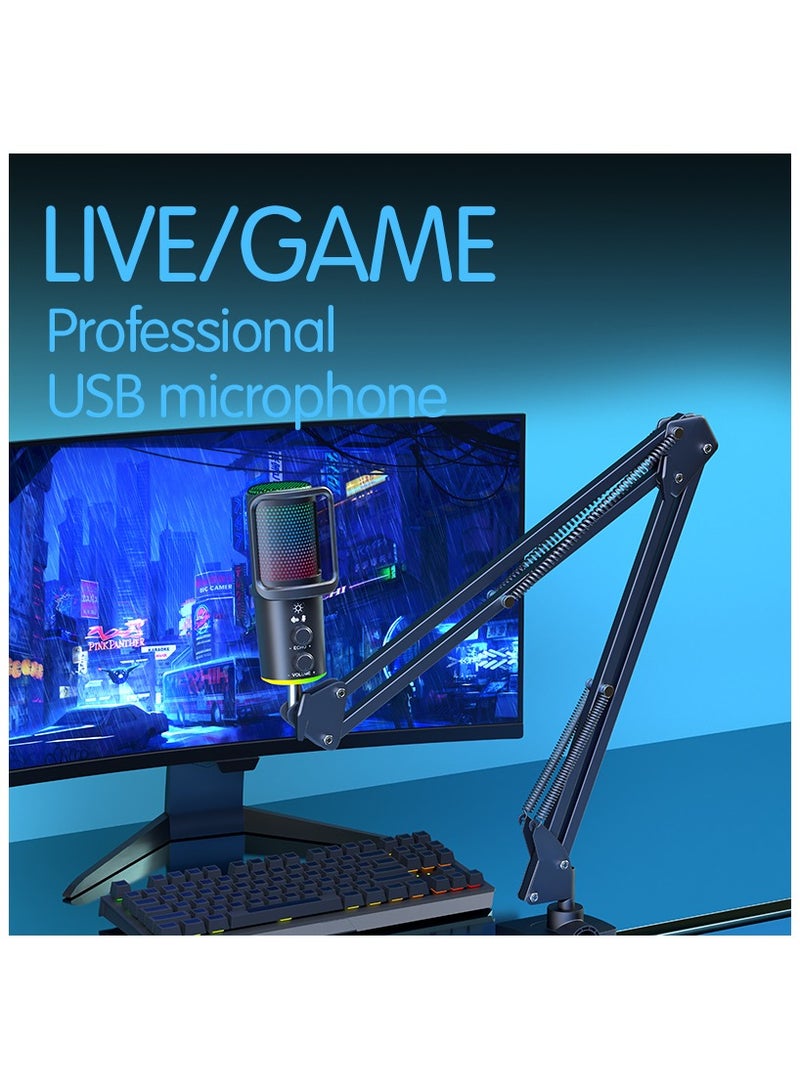 USB Condenser Gaming Microphone With Adjustable Arm Stand for PC, Computer Streaming Mic for Desktop Podcast, Mute Button & Reverb Effect & Noise Canceling Recording Microphone with RGB Light  - Image 5