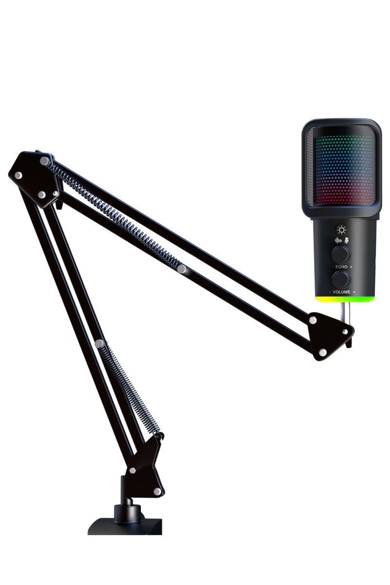 USB Condenser Gaming Microphone With Adjustable Arm Stand for PC, Computer Streaming Mic for Desktop Podcast, Mute Button & Reverb Effect & Noise Canceling Recording Microphone with RGB Light  - Image 1