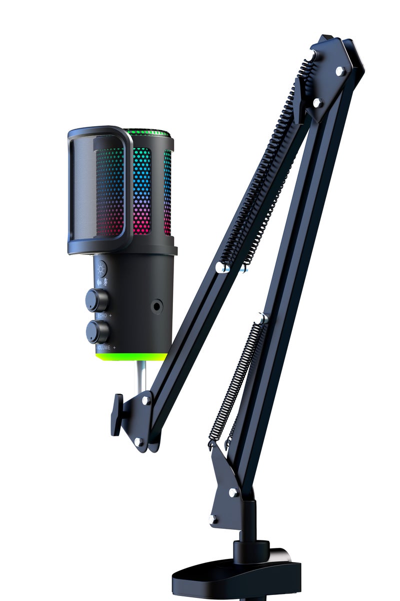 USB Condenser Gaming Microphone With Adjustable Arm Stand for PC, Computer Streaming Mic for Desktop Podcast, Mute Button & Reverb Effect & Noise Canceling Recording Microphone with RGB Light  - Image 1