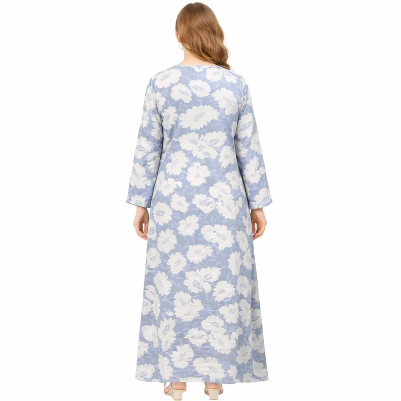 Artemea  Women’s Blue Floral Jalabiya | Premium Rayon | Crochet-Style Neck Embroidery & Soft Paisley Printed Finish for Women | Best Price UAE