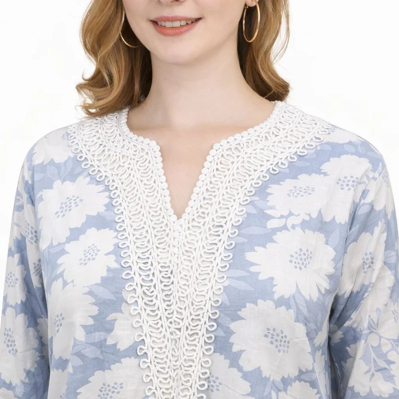 Artemea  Women’s Blue Floral Jalabiya | Premium Rayon | Crochet-Style Neck Embroidery & Soft Paisley Printed Finish for Women | Best Price UAE