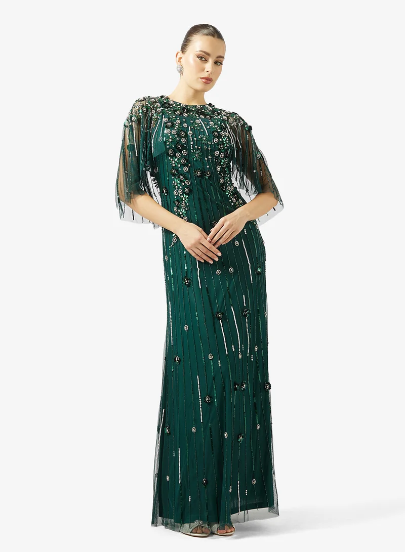 Bead Embellished Evening Dress with Cape