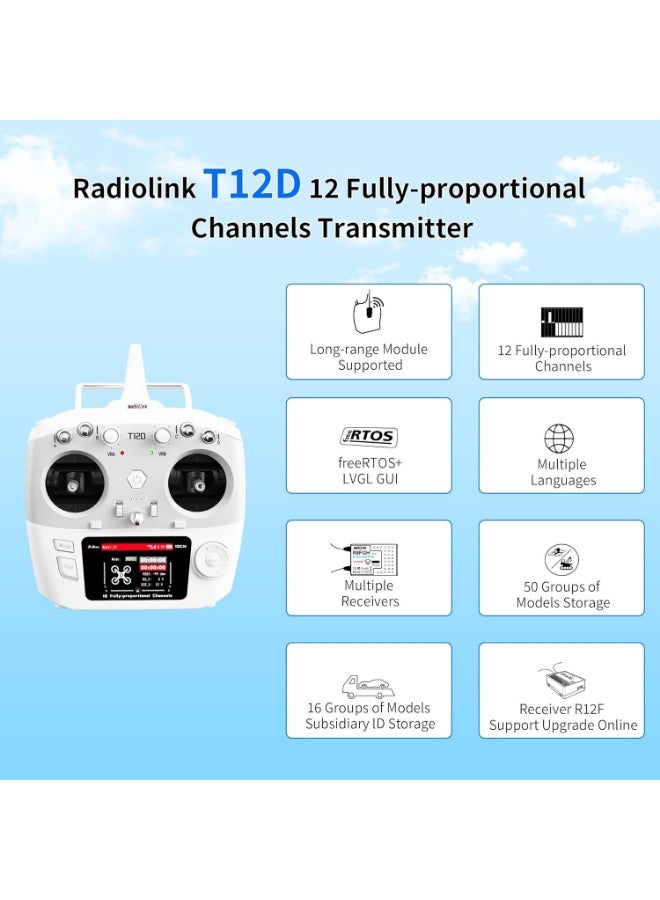 Radiolink T12D 12CH 2.4G RC Transmitter R12F Receiver, Supports ELRS/Crossfire Long Range Modules, 50 Models Storage, 4km Long Range RC Remote Controller for RC Airplane, Drone, Crawler, Car, Boats - Image 2