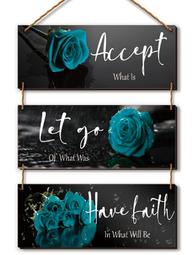 3 PCS WOODEN TEAL FLOWER WALL ART TEAL ROSE WALL DECOR WITH INSPIRATIONAL QUOTES FOR WOMEN OFFICE LIVING ROOM BEDROOM 10 X 4 INCH