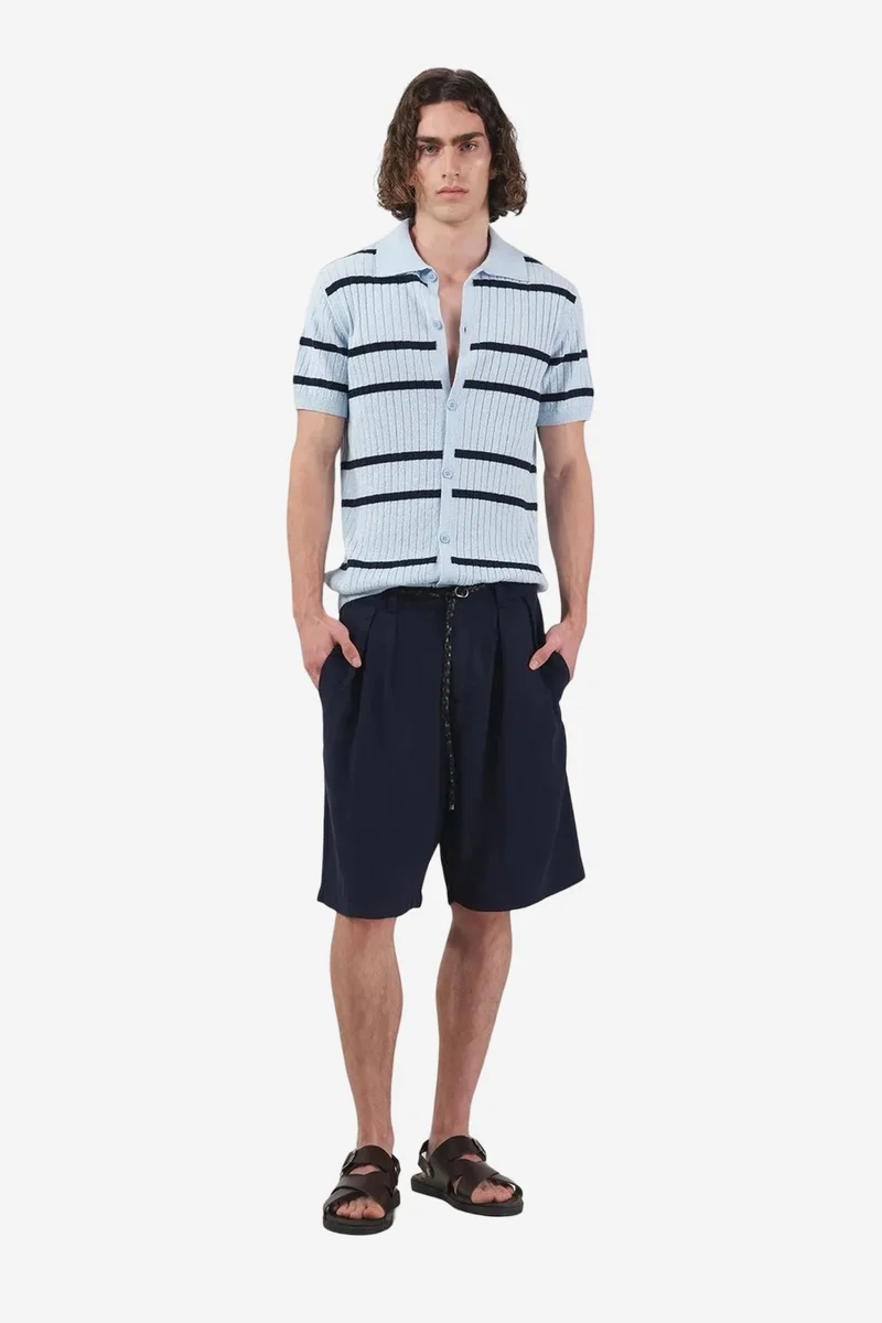 Giesto Navy Blue GIESTO Mid Waist Relaxed Fit Wide Leg Tencel Shorts for Men | Best Price UAE