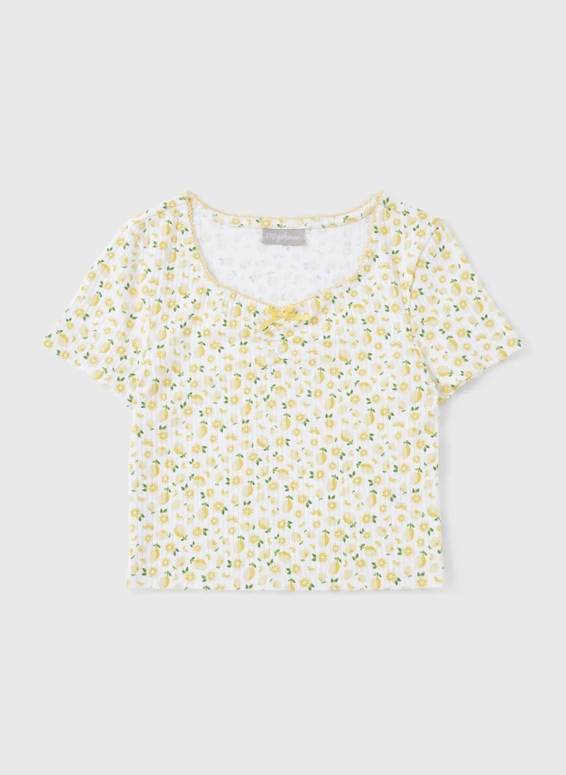 ماتلان Girls White Ditsy Lemon Ribbed Top