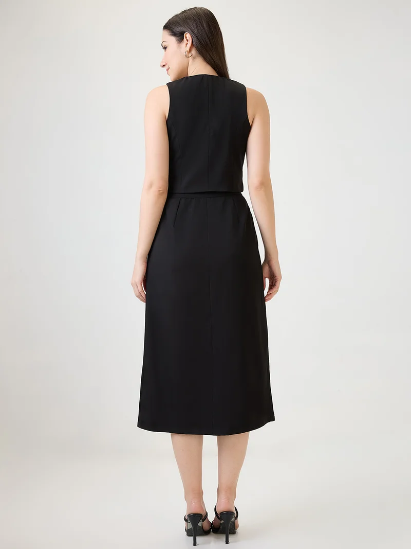 globus Women Black V-Neck Solid Cropped Waistcoat With Front Slit Midi Skirt Workwear Co-Ord Set