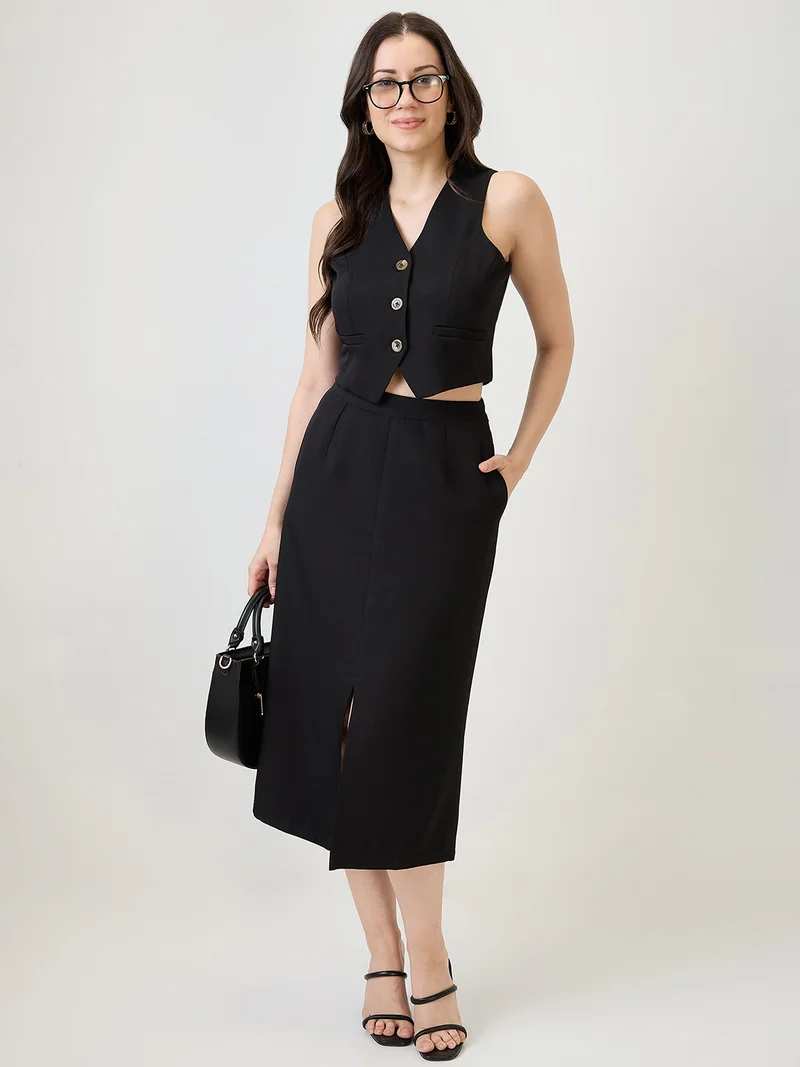 globus Women Black V-Neck Solid Cropped Waistcoat With Front Slit Midi Skirt Workwear Co-Ord Set