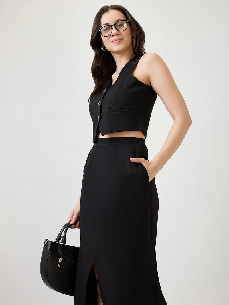 globus Women Black V-Neck Solid Cropped Waistcoat With Front Slit Midi Skirt Workwear Co-Ord Set