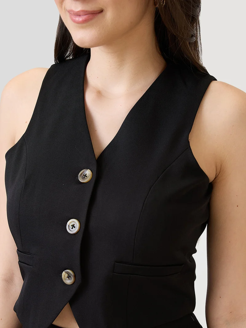 globus Women Black V-Neck Solid Cropped Waistcoat With Front Slit Midi Skirt Workwear Co-Ord Set
