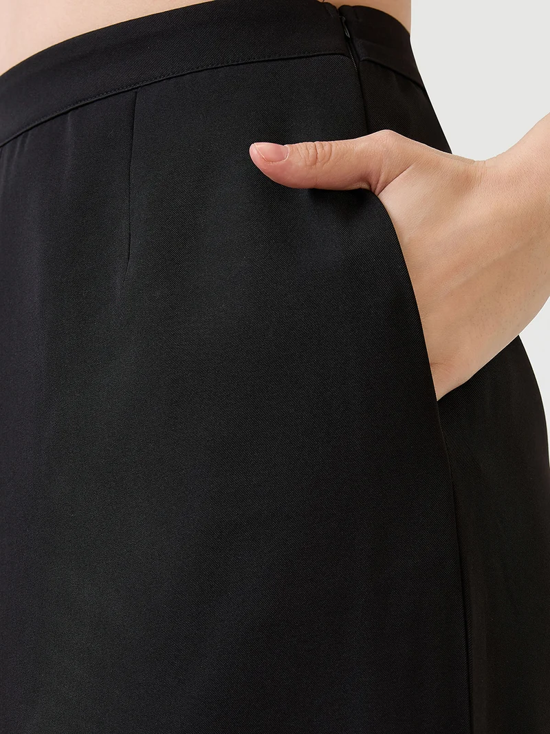 globus Women Black V-Neck Solid Cropped Waistcoat With Front Slit Midi Skirt Workwear Co-Ord Set
