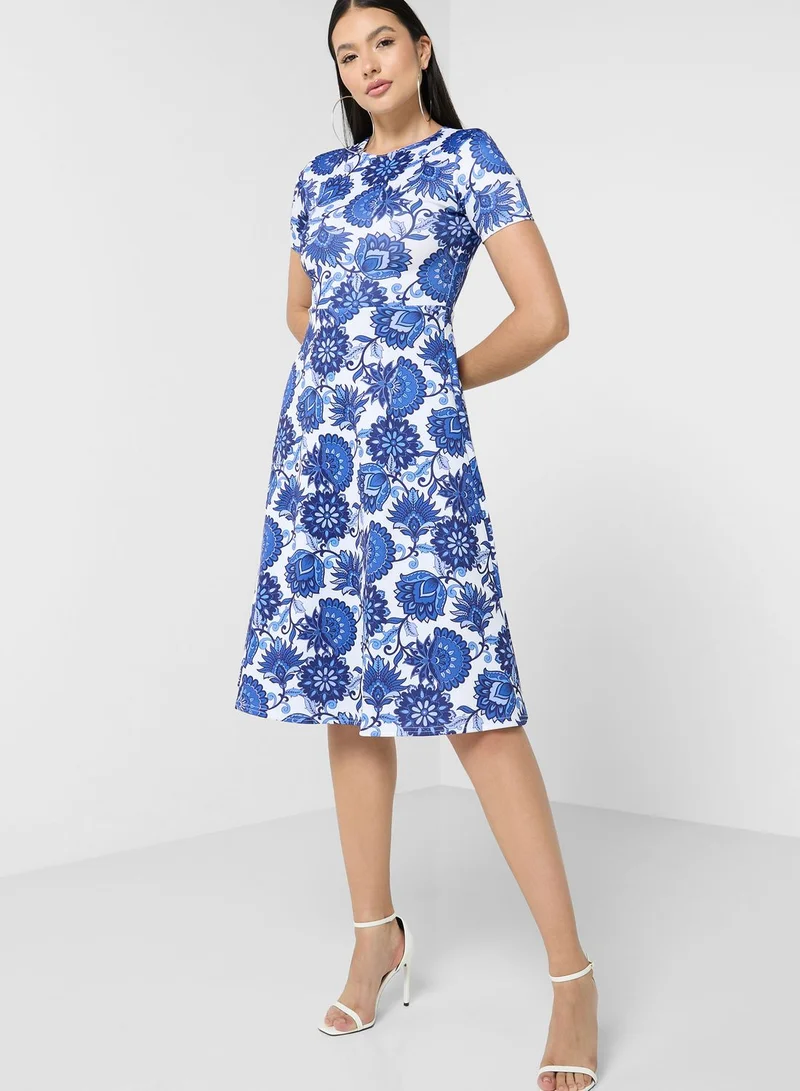 boohoo Printed Pleat Detail Skater Dress