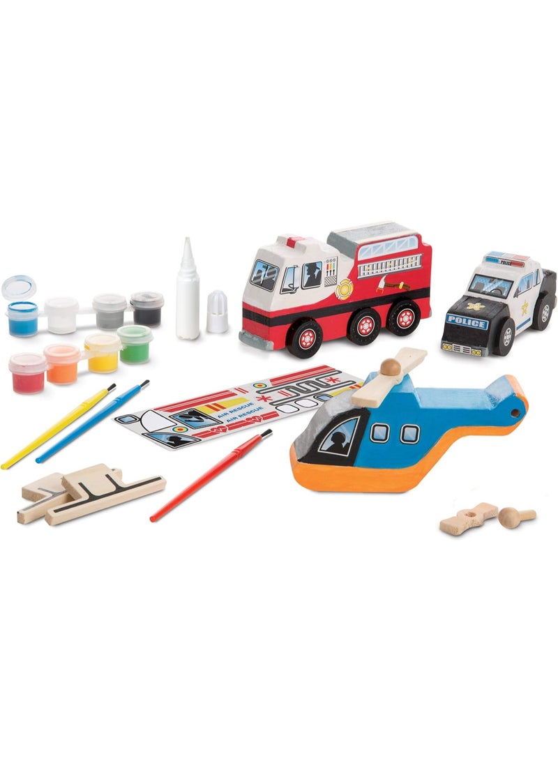 Melissa & Doug Wooden Rescue Vehicles Craft & Paint Kit for Kids – 3 Vehicles (Police, Fire Truck, Air Rescue Helicopter) Melissa & Doug - Image 1