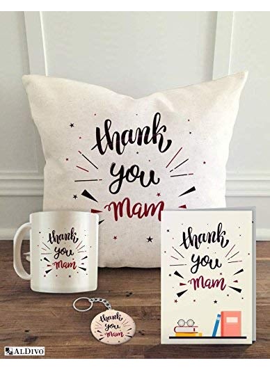 ALDIVO Aldivo Gift for Teacher Combo Pack 12 X 12 Cushion Cover with Filler Printed Coffee Mug Greeting Card Printed Key Ring Thank You Mam 