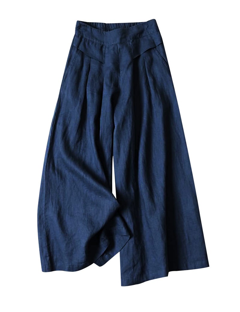 Gihuo Women' s Culottes Linen Blend Wide Leg Pants Elastic Waist Casual Palazzo Trousers with Pockets Capris(Navy-XL) - Image 1
