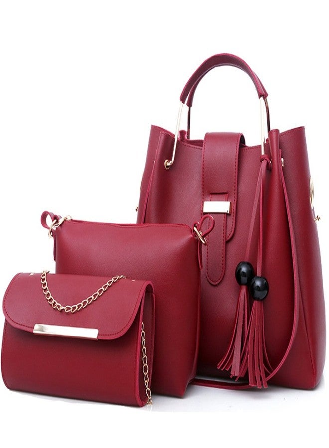 FiveloveTwo Women's Purse and Handbags 3 Pcs Bag Set PU Leather Tassel Totes Clutch Satchels Top Handle Shoulder Crossbody Bags Pack Burgundy - Image 1