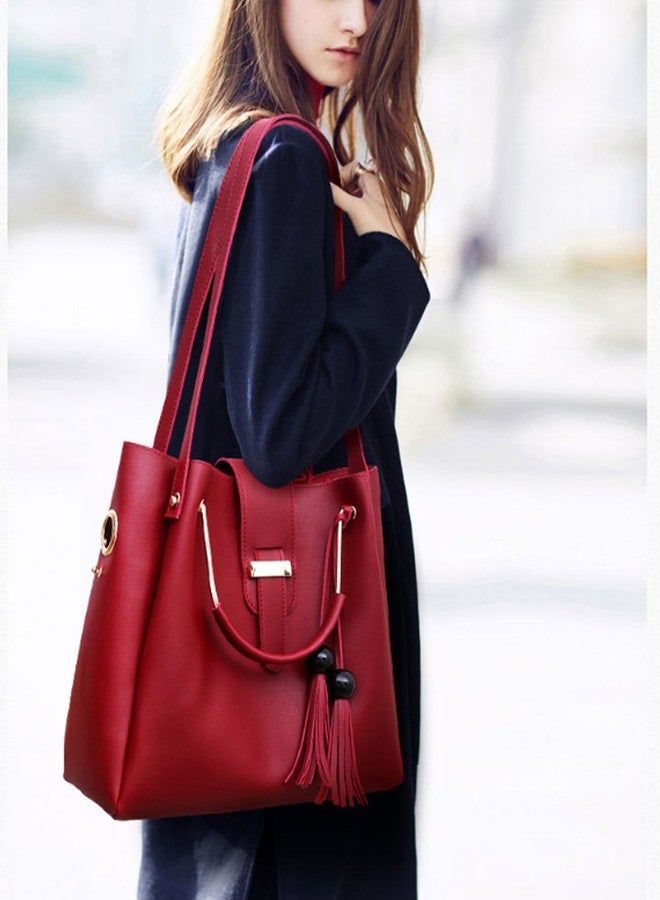 FiveloveTwo Women's Purse and Handbags 3 Pcs Bag Set PU Leather Tassel Totes Clutch Satchels Top Handle Shoulder Crossbody Bags Pack Burgundy - Image 3