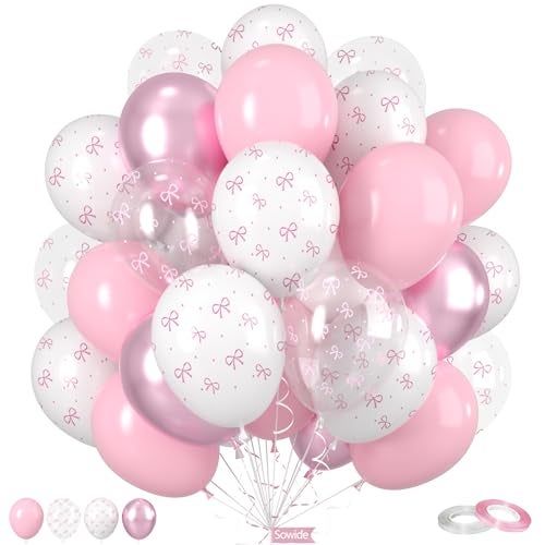 Sowide Bow Balloons 50Pcs 12 Inches Pastel Light Clear White Pink Balloons for Girls Women Pink Birthday Party Bachelorette Bridal Engagement Bow Theme Wedding Anniversary Supplies - Image 1