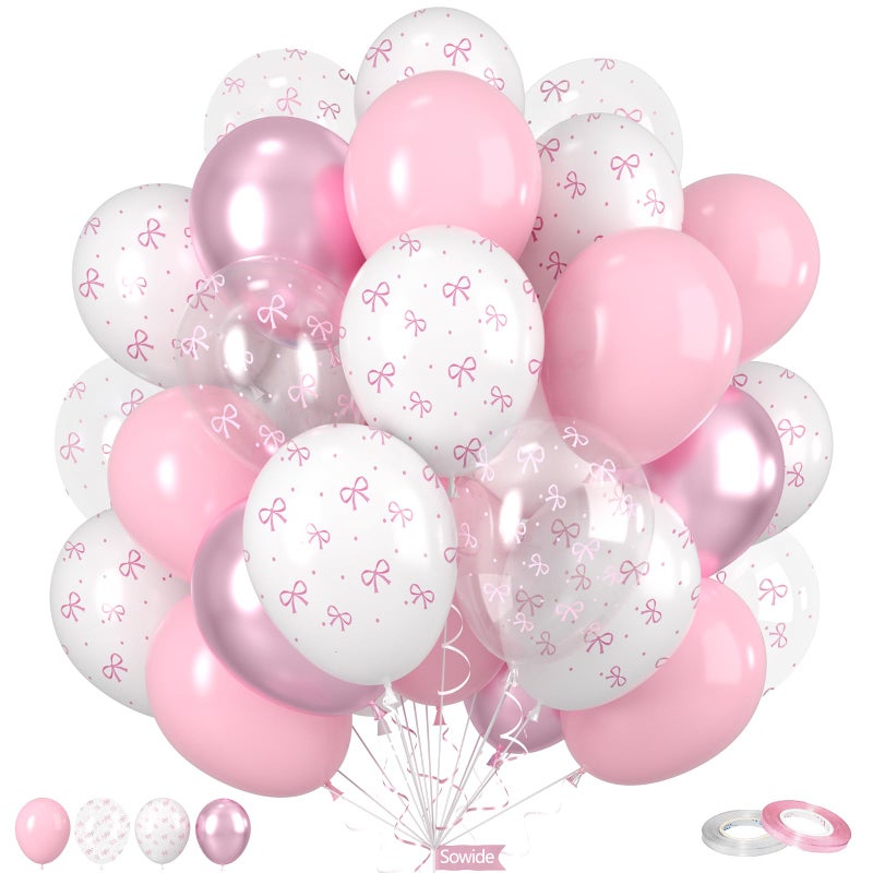 Sowide Bow Balloons 50Pcs 12 Inches Pastel Light Clear White Pink Balloons for Girls Women Pink Birthday Party Bachelorette Bridal Engagement Bow Theme Wedding Anniversary Supplies - Image 2