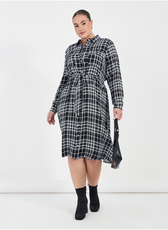 Styli Plus Size Checked Shirt Midi Dress with Tie Belt  - Image 1