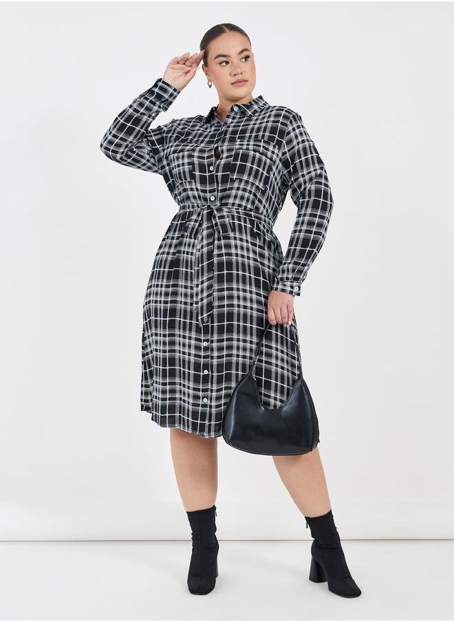 Styli Plus Size Checked Shirt Midi Dress with Tie Belt  - Image 4