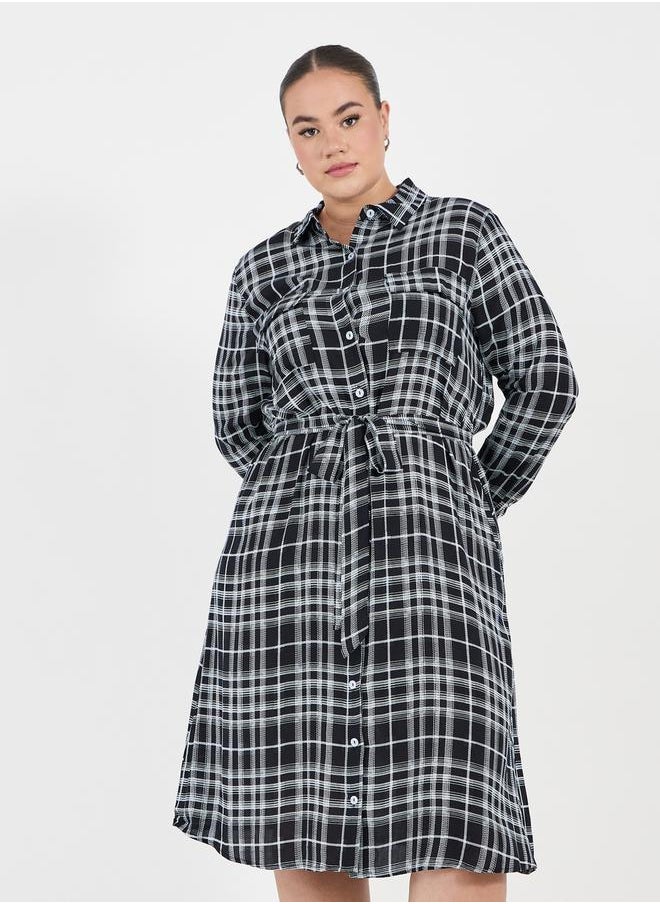 Styli Plus Size Checked Shirt Midi Dress with Tie Belt  - Image 5