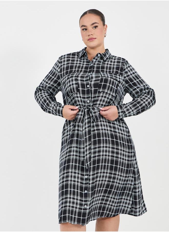 Styli Plus Size Checked Shirt Midi Dress with Tie Belt  - Image 2