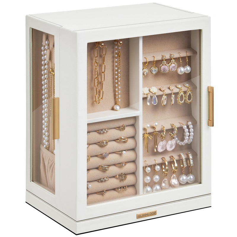 Glimmloop 360Â° Rotating Jewelry Box with 5 Drawers, Spacious Vertical Jewelry Organizer with Glass Window, Jewelry Storage Case, Dustproof & Moisture-resistant Design, White - Image 1