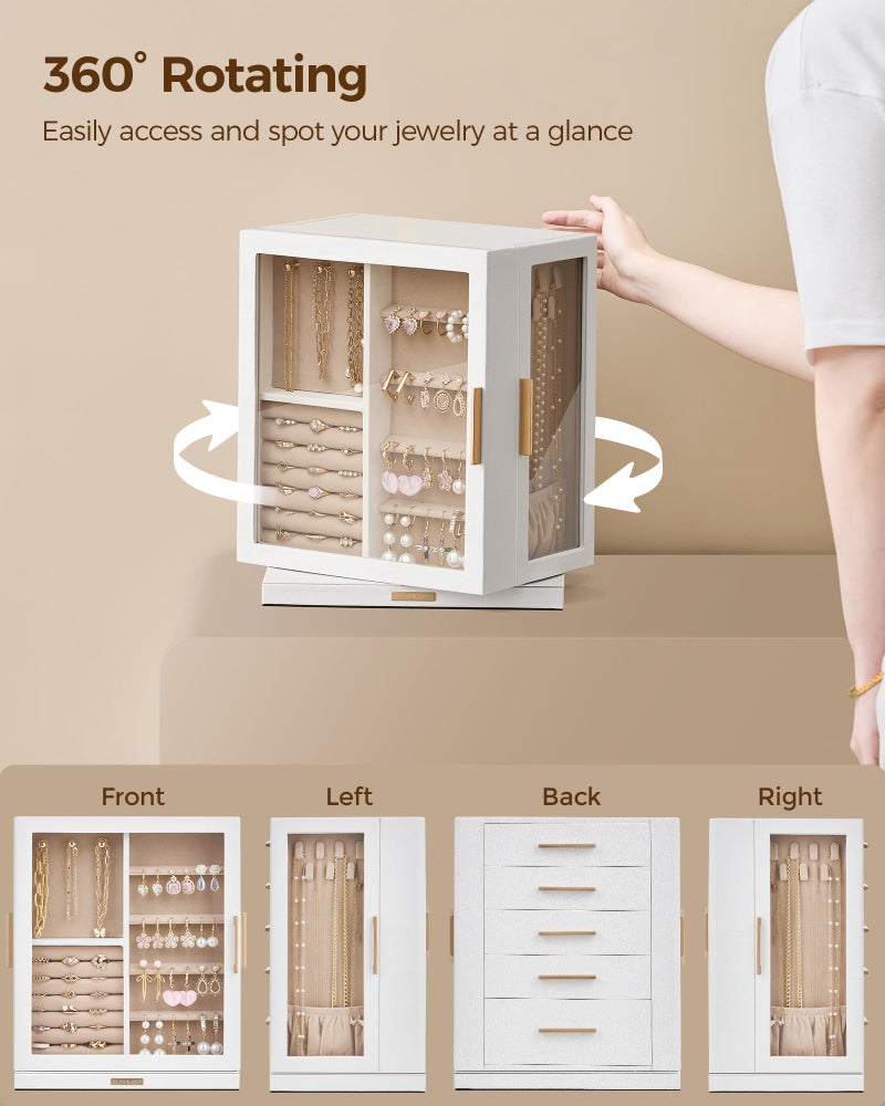 Glimmloop 360Â° Rotating Jewelry Box with 5 Drawers, Spacious Vertical Jewelry Organizer with Glass Window, Jewelry Storage Case, Dustproof & Moisture-resistant Design, White - Image 5