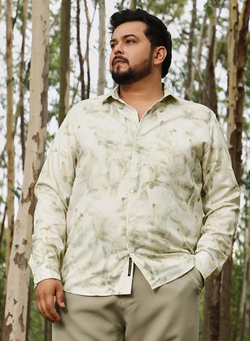 انستافاب بلس قميص رجالي Instafab Saltbox بيج بطبعة مياه باهتة بياقة عادية وأكمام طويلة بأزرار وطبعة وافل تجريدية من مزيج البوليستر للملابس الكاجوال