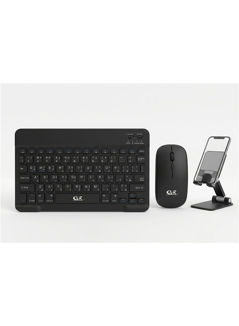 GR computer GR030 3 in 1 Keyboard & Mouse Combo – Bluetooth + Wireless – Rechargeable – Backlit Keyboard – Built-in Stand – Multi-Device Compatible – Black - Image 1