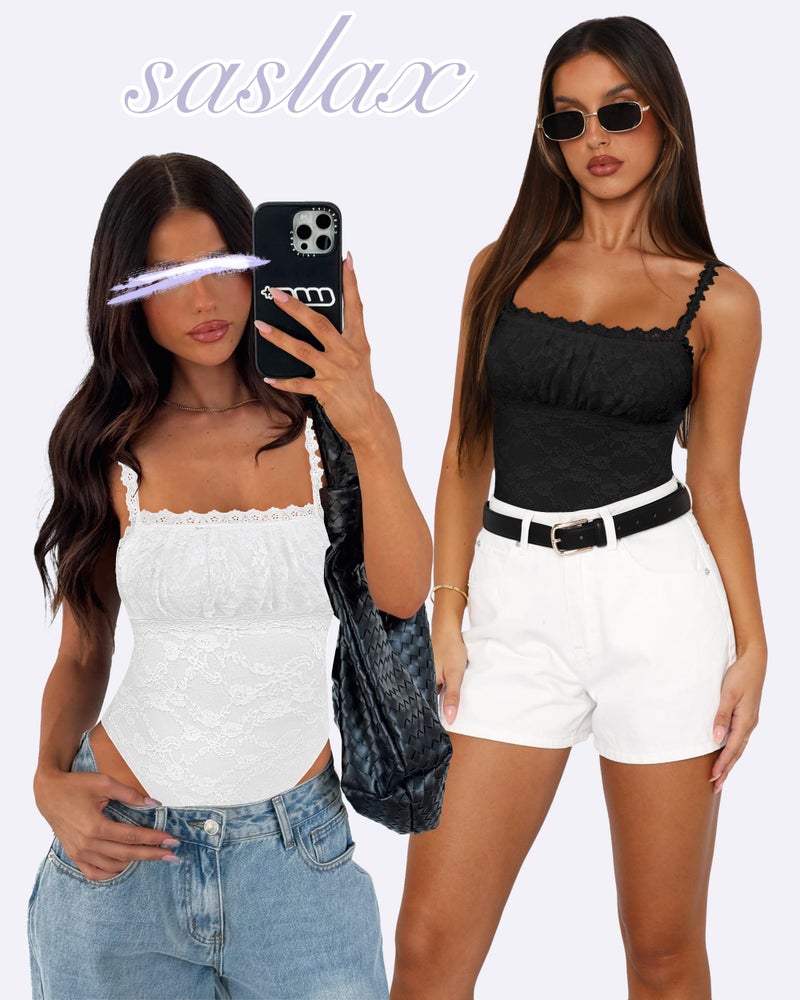 Saslax Women's Sexy Square Neck Lace Sleeveless Bodysuit Tank Tops Double Lined Body Suit Thong Outfits White S - Image 3