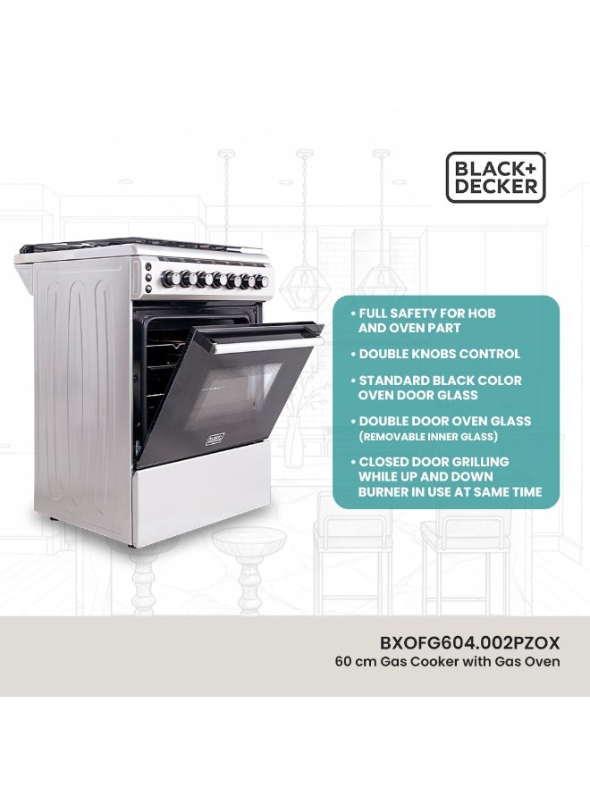 BLACK+DECKER 60 CM, Freestanding Gas Cooker, 4 Gas Burners, Button Ignition, Gas Grill & Gas Oven - BXOFG604.002PZOX Inox Finish BXOFG604.002PZOX Inox - Image 3