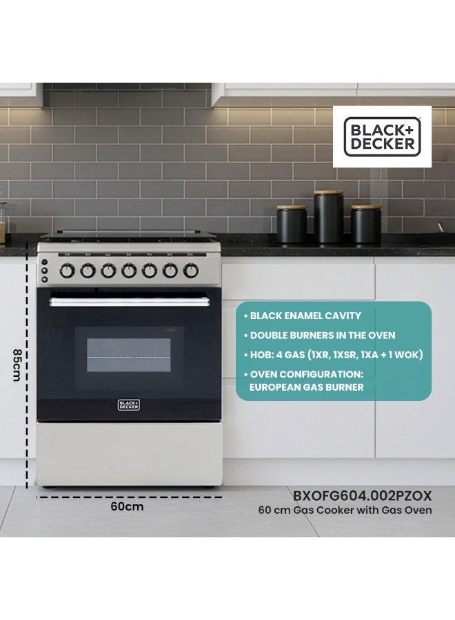 BLACK+DECKER 60 CM, Freestanding Gas Cooker, 4 Gas Burners, Button Ignition, Gas Grill & Gas Oven - BXOFG604.002PZOX Inox Finish BXOFG604.002PZOX Inox - Image 4