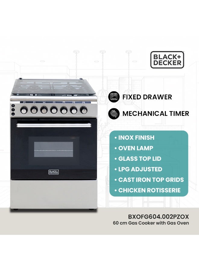BLACK+DECKER 60 CM, Freestanding Gas Cooker, 4 Gas Burners, Button Ignition, Gas Grill & Gas Oven - BXOFG604.002PZOX Inox Finish BXOFG604.002PZOX Inox - Image 2