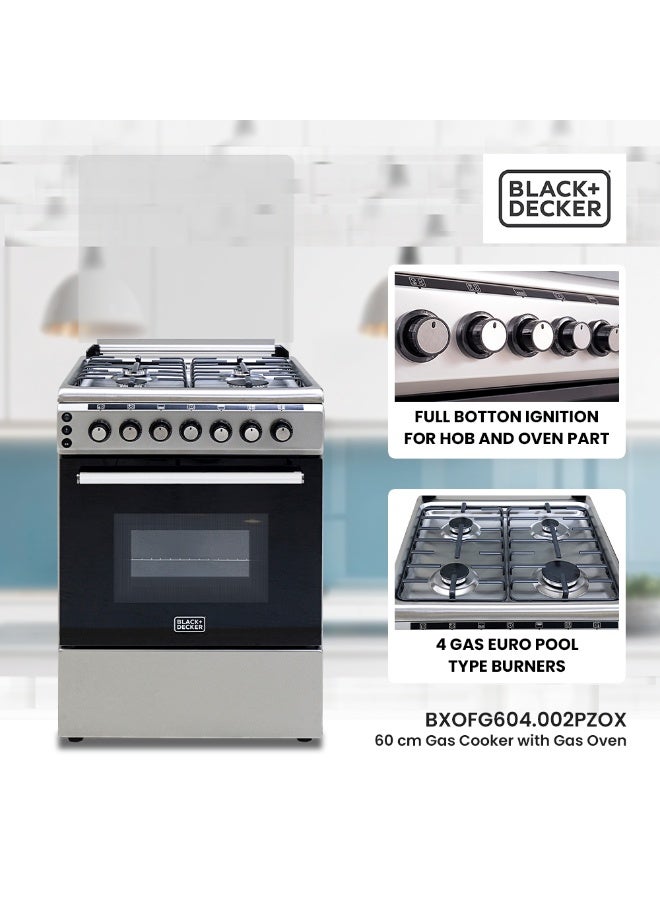 BLACK+DECKER 60 CM, Freestanding Gas Cooker, 4 Gas Burners, Button Ignition, Gas Grill & Gas Oven - BXOFG604.002PZOX Inox Finish BXOFG604.002PZOX Inox - Image 5