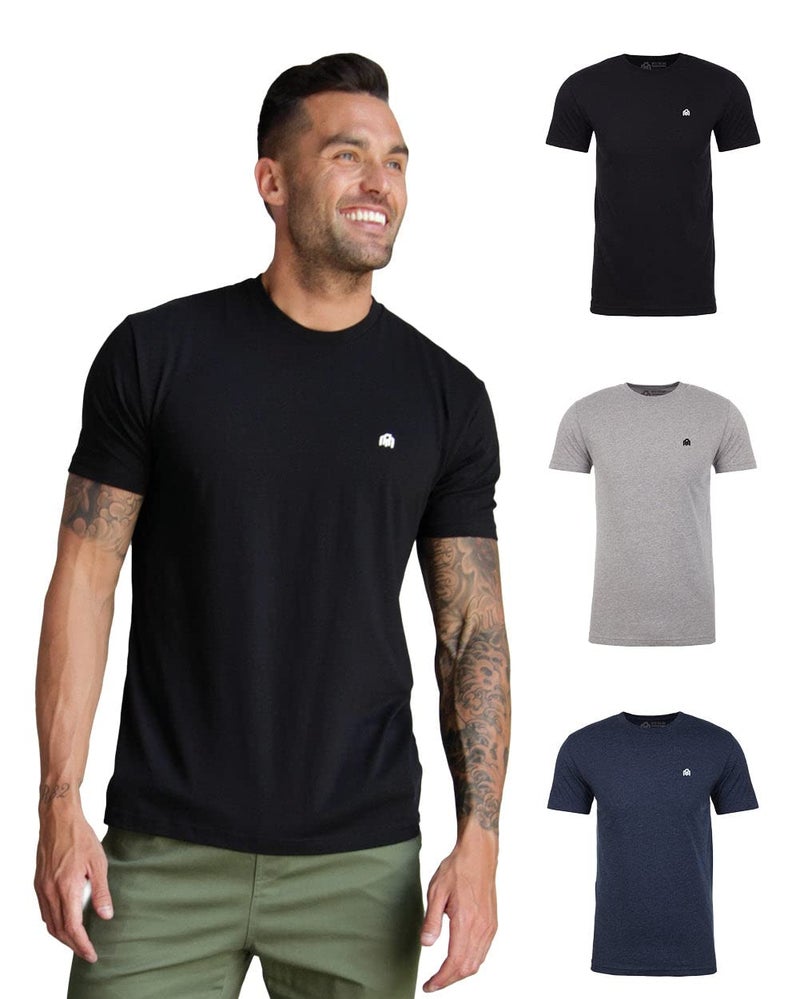 INTO THE AM Men's Logo Basic Tees 3 Pack Multipack - Fitted Essential Crewneck Blank Gym Classic Casual True Fit Fashion Undershirts for Guys (Black/Grey/Navy, X-Large)