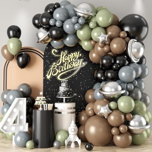 Sowide Green Gray Balloon Arch KitSage Green Gray Brown Metallic Silver Balloons with Star Foil Balloon for Boy Birthday Party Decorations Baby Shower Graduation Party Supplies - Image 1