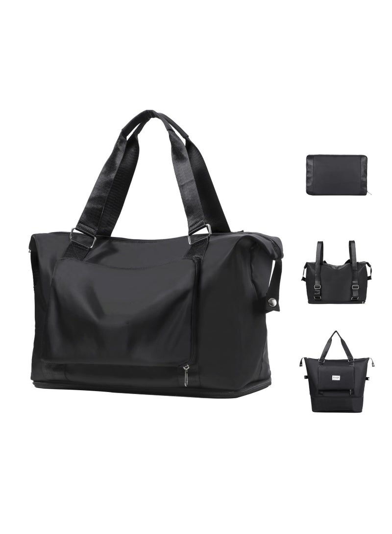 Excefore Travel Bag With Double Shoulder Strap, Foldable Duffle Bag For Travel, Water-resistant Sports Bag With Wet Compartment, Large Weekender Bag With Expandable Space, For Men And Women, Black - Image 1