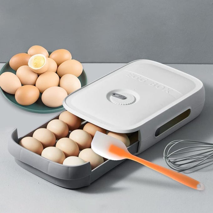 EGG HOLDER 18 GRID REFRIGERATOR EGG TRAYS DRAWER TYPE EGG STORAGE BOX CONTAINER WITH DATE REMINDER FRESH FOR REFRIGERATOR BPA FREE FRIDGE ORGANIZER WHITE